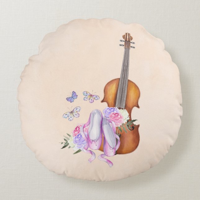 Violin, Ballet Shoes, Flowers and Butterflies Round Cushion (Front)