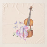 Violin, Ballet Shoes, Flowers and Butterflies Scarf<br><div class="desc">A square chiffon scarf with a soft feminine design. Illustrated with a watercolor image of a wooden violin,  some pink ballet slippers resting against it and decorated with flowers and butterflies.  Set on a peach pink coloured background.</div>