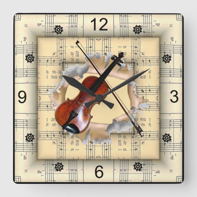 Violin ~ Breaking Through Strange Sheet Music ~  Square Wall Clock (Front)
