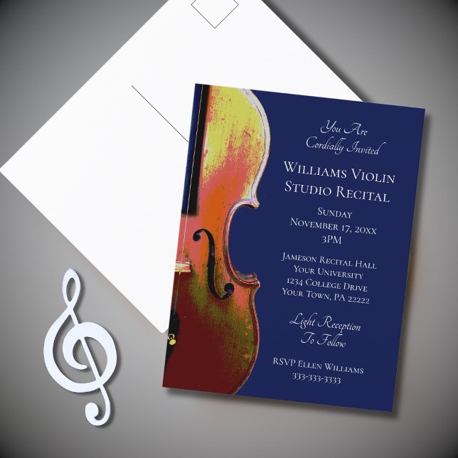 Violin Classical Music Recital Blue Invitation Postcard (Creator Uploaded)
