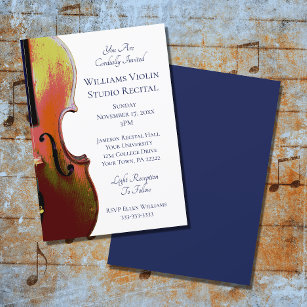 Violin Elegant Music Recital Blue Invitation