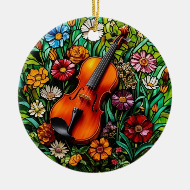 Violin Floral  Ceramic Tree Decoration (Front)