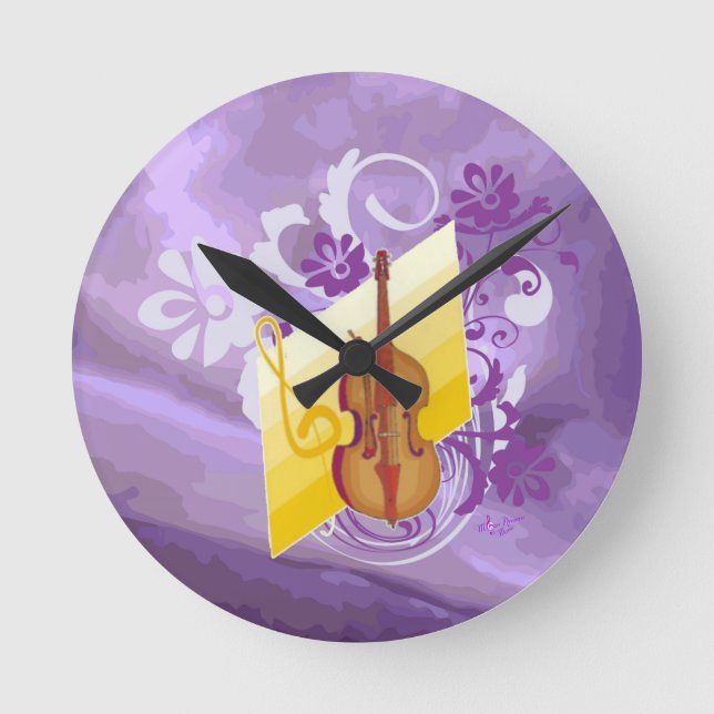 Violin Floral Swirl Purple Medium Round Wall Clock (Front)