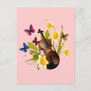 VIOLIN, FLOWERS AND BUTTERFLIES POSTCARD