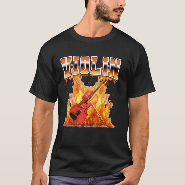 Violin Instrument Violinist Flames 90s Bootleg Sty T-Shirt (Front)