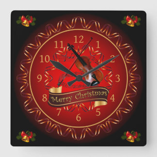 Violin ~ Merry Christmas ~ Maroon & Black ~ Square Wall Clock