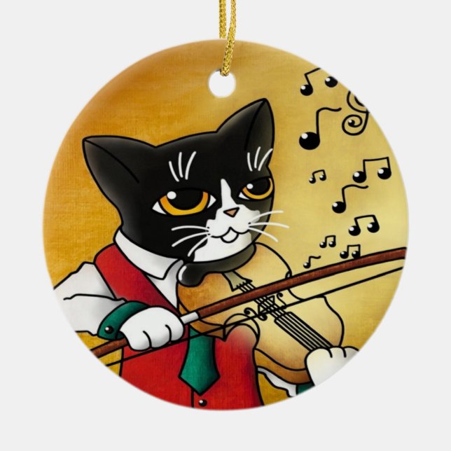 Violin Music Cat Ceramic Tree Decoration (Front)