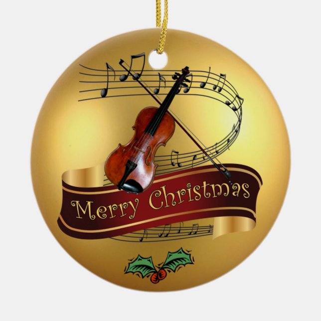 Violin ~ Musical Scroll ~ Gold ~ Merry Christmas ~ Ceramic Tree Decoration (Front)