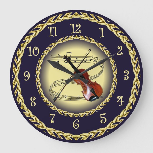 Violin ~ Musical Scroll ~ Gold/Navy Blue ~  ~ Large Clock (Front)