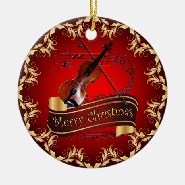 Violin ~ Musical Scroll ~ Merry Christmas ~ * ~  Ceramic Tree Decoration (Front)