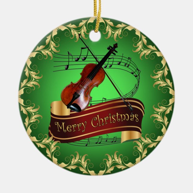 Violin ~ Musical Scroll ~ Merry Christmas ~ * ~  Ceramic Tree Decoration (Front)