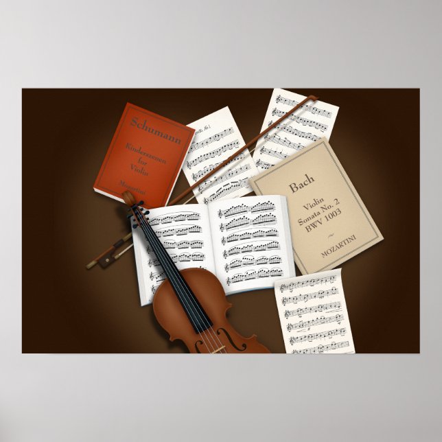 Violin on a Pile of Music Scores Customisable Poster (Front)