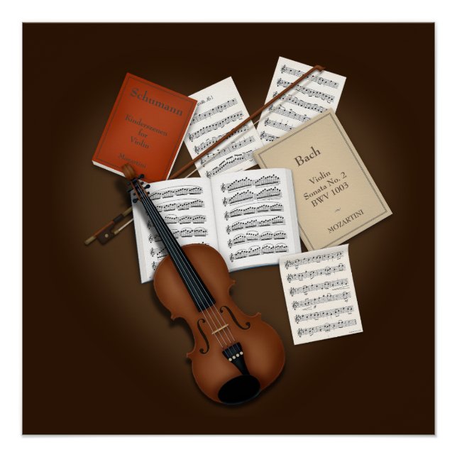 Violin on a Pile of Music Scores Customisable Poster (Front)