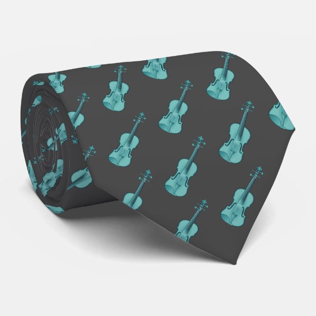 Violin Pattern - Blue and Dark Grey Tie (Rolled)