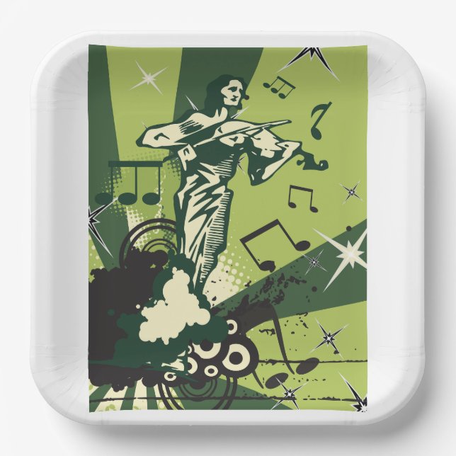 Violin Player Musical Notes Paper Plate (Front)