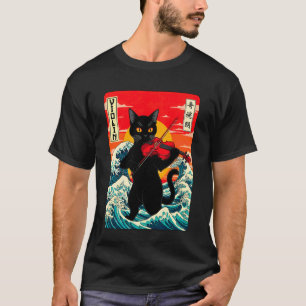 Violin Playing Cat Japanese Retro Ocean Wave Sunse T-Shirt
