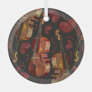 Violin Red Heart Music Pattern Glass Tree Decoration