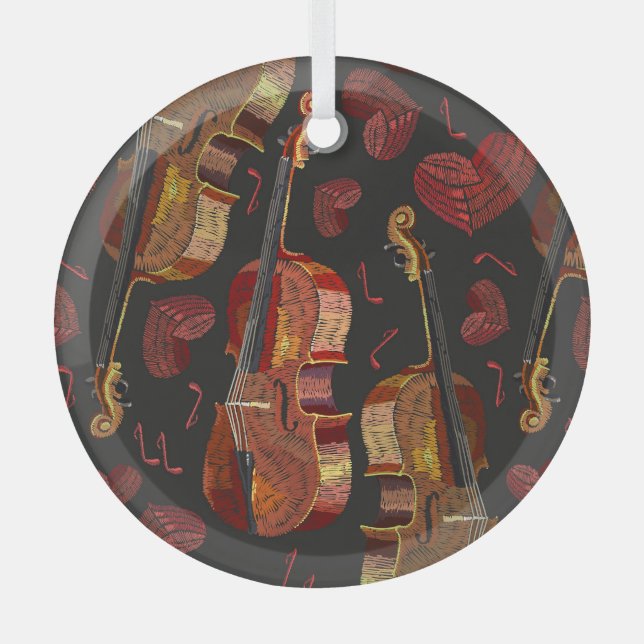 Violin Red Heart Music Pattern Glass Tree Decoration (Front)