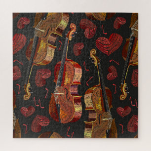 Violin Red Heart Music Pattern Jigsaw Puzzle