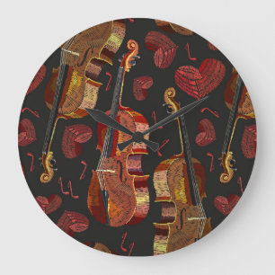 Violin Red Heart Music Pattern Large Clock
