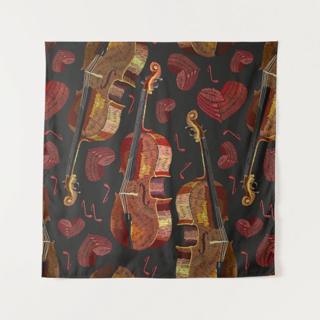 Violin Red Heart Music Pattern Tapestry (Front)