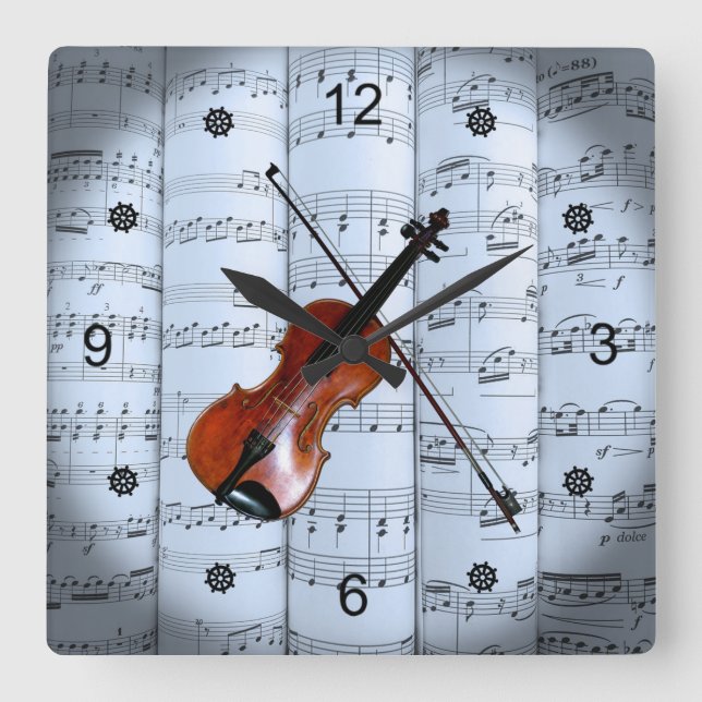 Violin ~ Rolled Sheet Music ~ Blue Tint Background Square Wall Clock (Front)