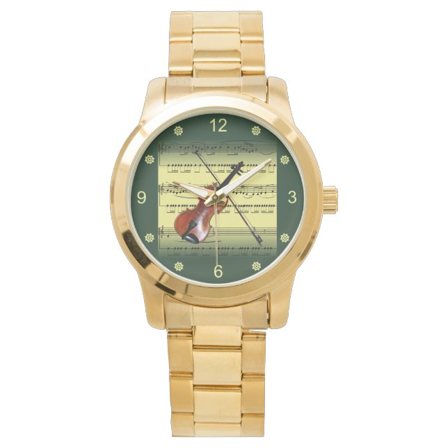 Violin~Rolled Sheet Music~Gold/Green Background~   Watch (Front)