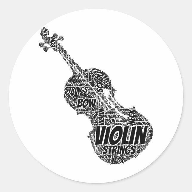 Violin Shaped Word Art Black Text Classic Round Sticker (Front)