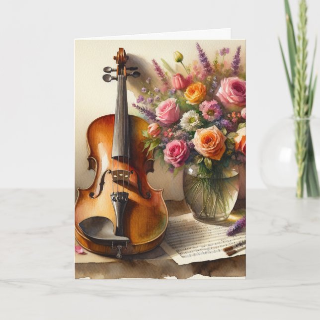 Violin, Sheet Music and a Vase of Flowers Birthday Card (Front)