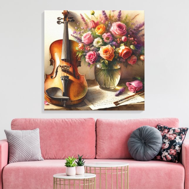 Violin, Sheet Music and a Vase of Flowers  Canvas Print (Insitu(LivingRoom))