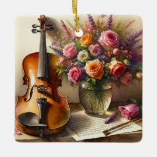 Violin, Sheet Music and a Vase of Flowers Ceramic Ornament