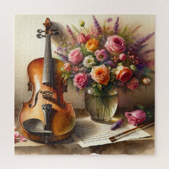 Violin, Sheet Music and a Vase of Flowers  Jigsaw Puzzle (Vertical)
