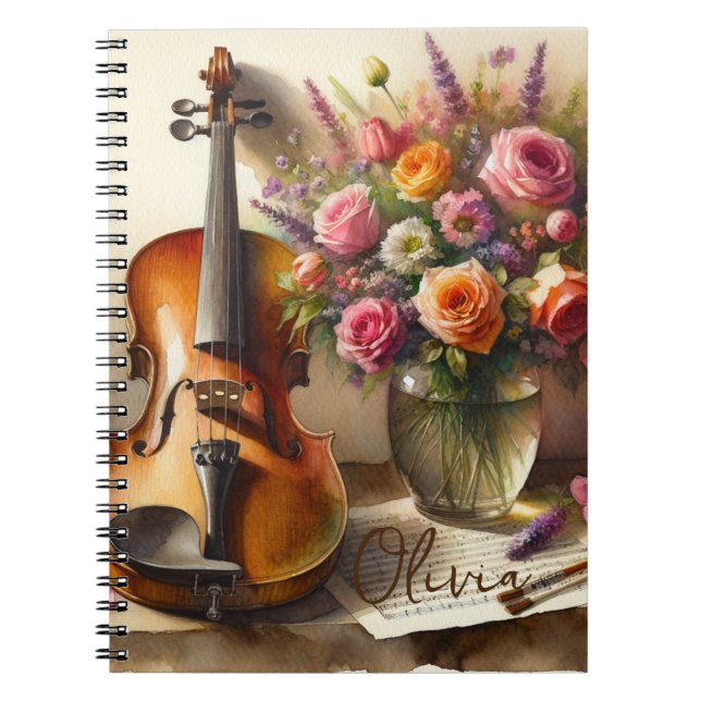 Violin, Sheet Music and a Vase of Flowers  Notebook (Front)