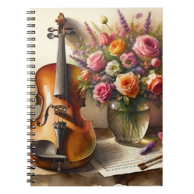 Violin, Sheet Music and a Vase of Flowers Notebook (Front)