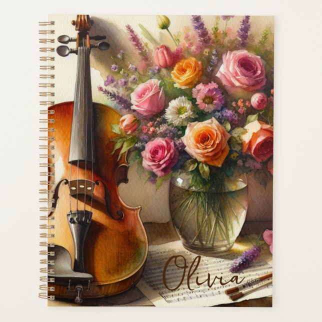 Violin, Sheet Music and a Vase of Flowers  Planner (Front)