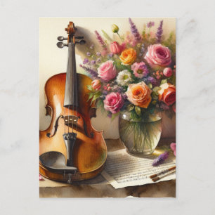 Violin, Sheet Music and a Vase of Flowers Postcard