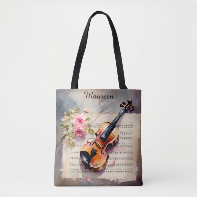 Violin Sheet Music and Flower Tote Bag (Front)