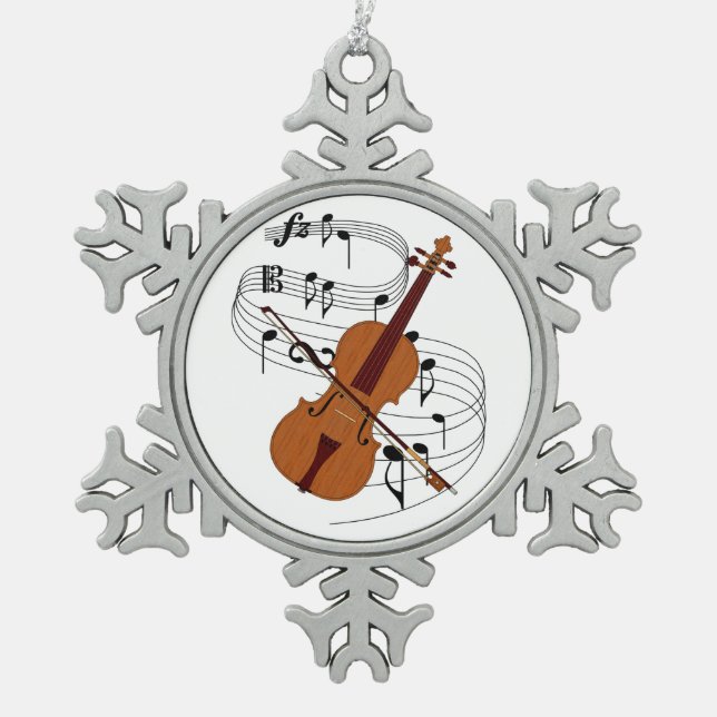 Violin Snowflake Pewter Christmas Ornament (Front)