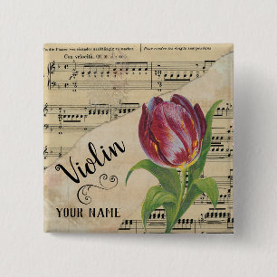 Violin Tulip Vintage Sheet Music Customised 15 Cm Square Badge