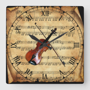 Violin ~ Vintage Sheet Music Background ~ Unique ~ Square Wall Clock