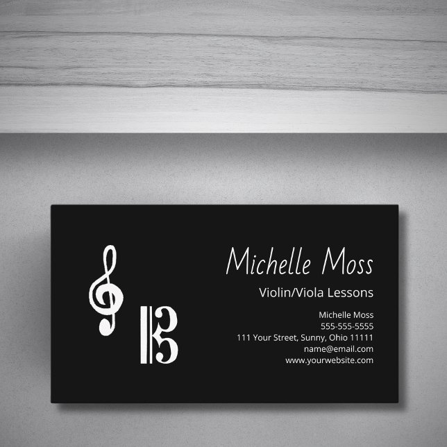 Violin Viola Lessons Simple Black White Musical  Business Card (Creator Uploaded)
