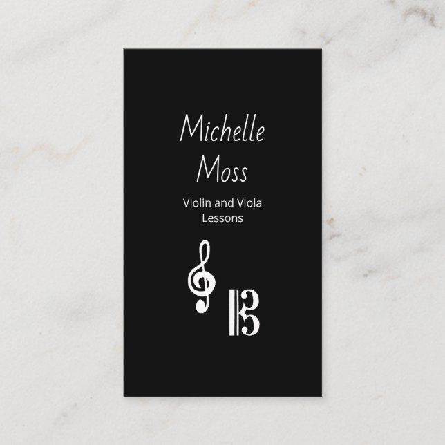 Violin Viola Music Lessons Black White Simple  Business Card (Front)