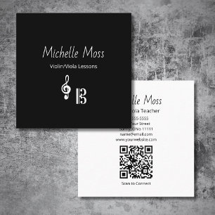 Violin Viola Music Lessons QR code Black White  Square Business Card