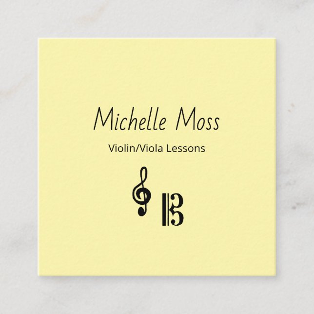 Violin Viola Music Lessons QR code Yellow Musical Square Business Card (Front)