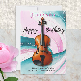 Violin Watercolor Swirls Music-Themed Birthday Card