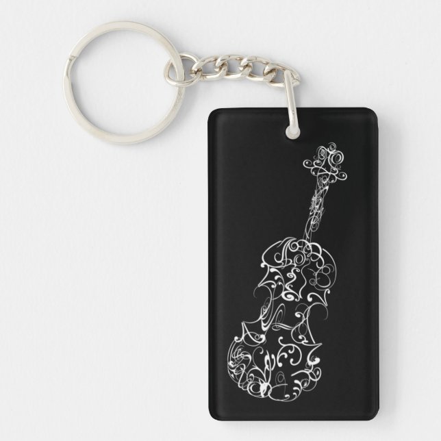 Violin White Line Drawing on Black Key Ring (Front)