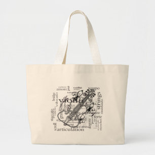 violin with word cloud large tote bag
