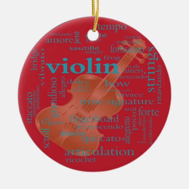 violin word cloud graphic design by Artinspired Ceramic Tree Decoration (Front)
