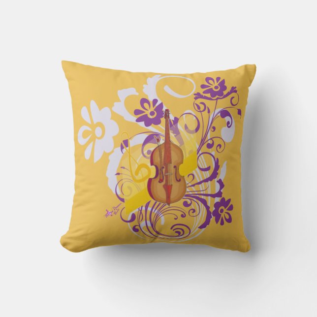 Violin Yellow Gold Floral Swirl Throw Pillow (Front)