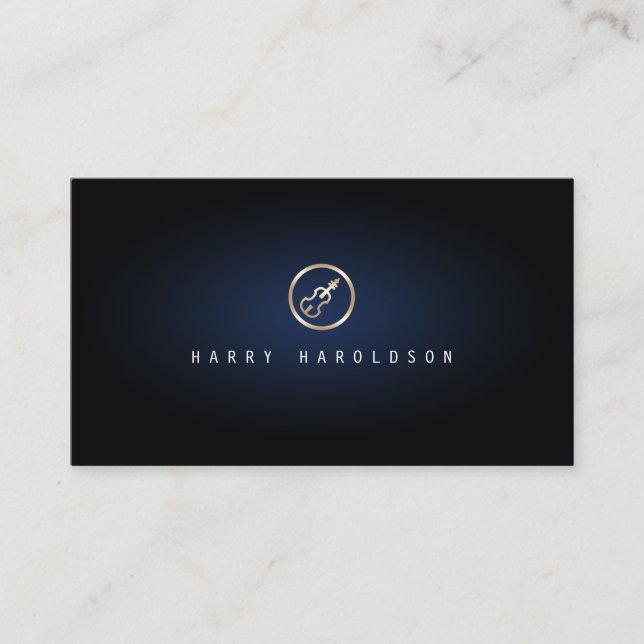 Violinist Elegant Gold Violin Icon Blue Glow Business Card (Front)